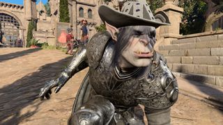 Half Orc in Baldur's Gate 3 crouched down and looking devious with new photo mode.