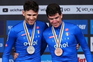 Italy was represented on the elite men&#039;s ITT podium at UCI Road World Championships by silver medalist Filippo Ganna (left) and bronze medalist Edoardo Affini (right)