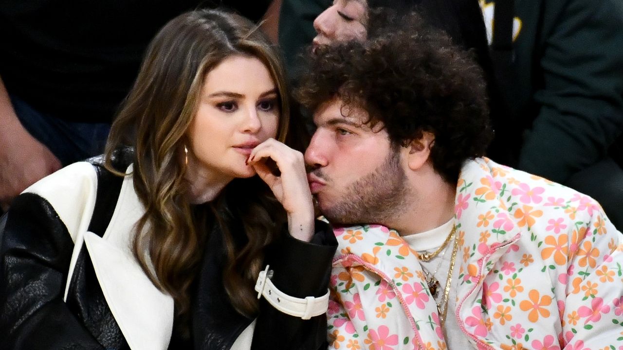 Selena Gomez and Benny Blanco attend a basketball game between the Los Angeles Lakers and the Miami Heat at Crypto.com Arena on January 03, 2024 in Los Angeles, California.