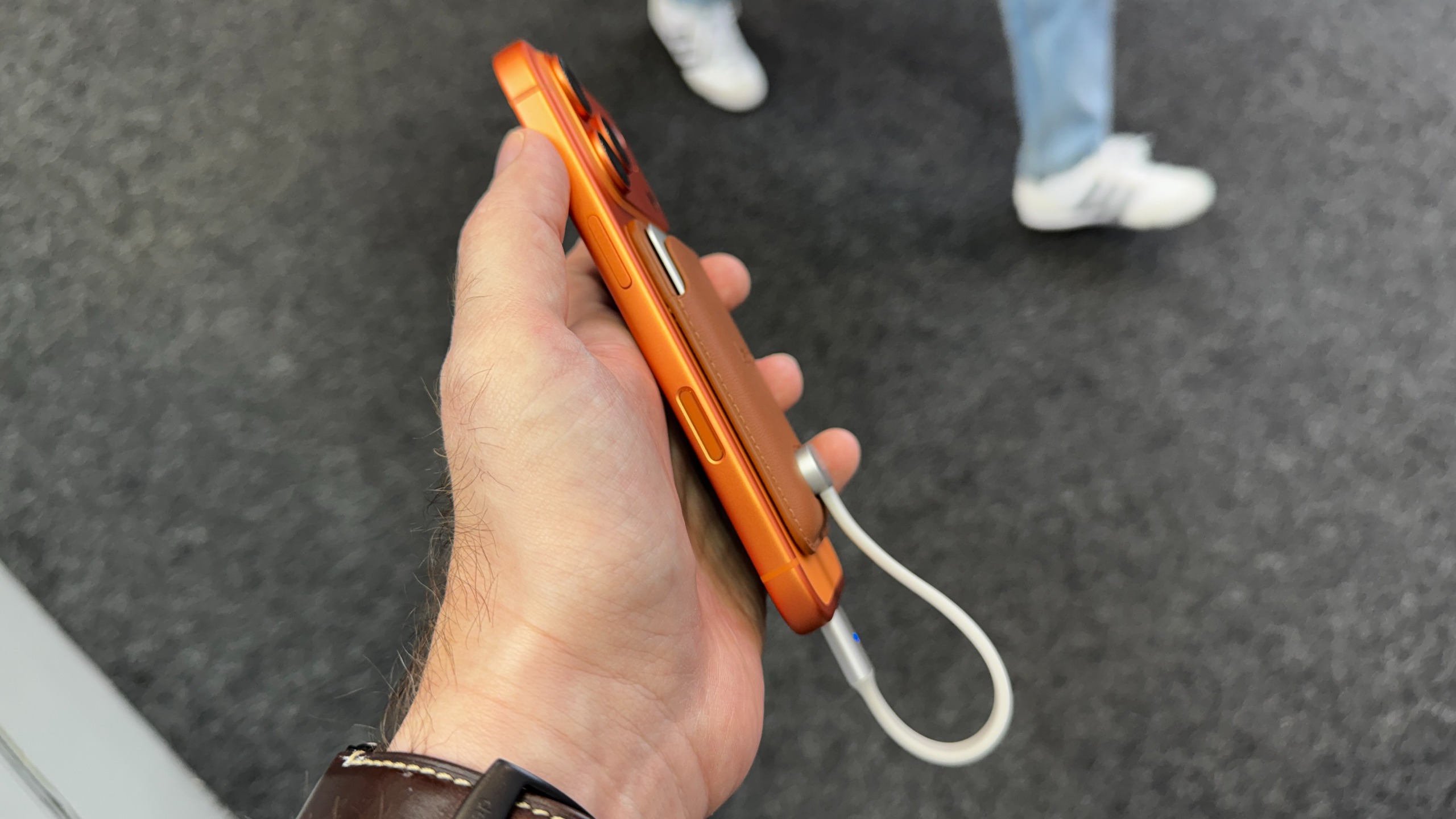 Lexar Muse drive on an iPhone, in hand