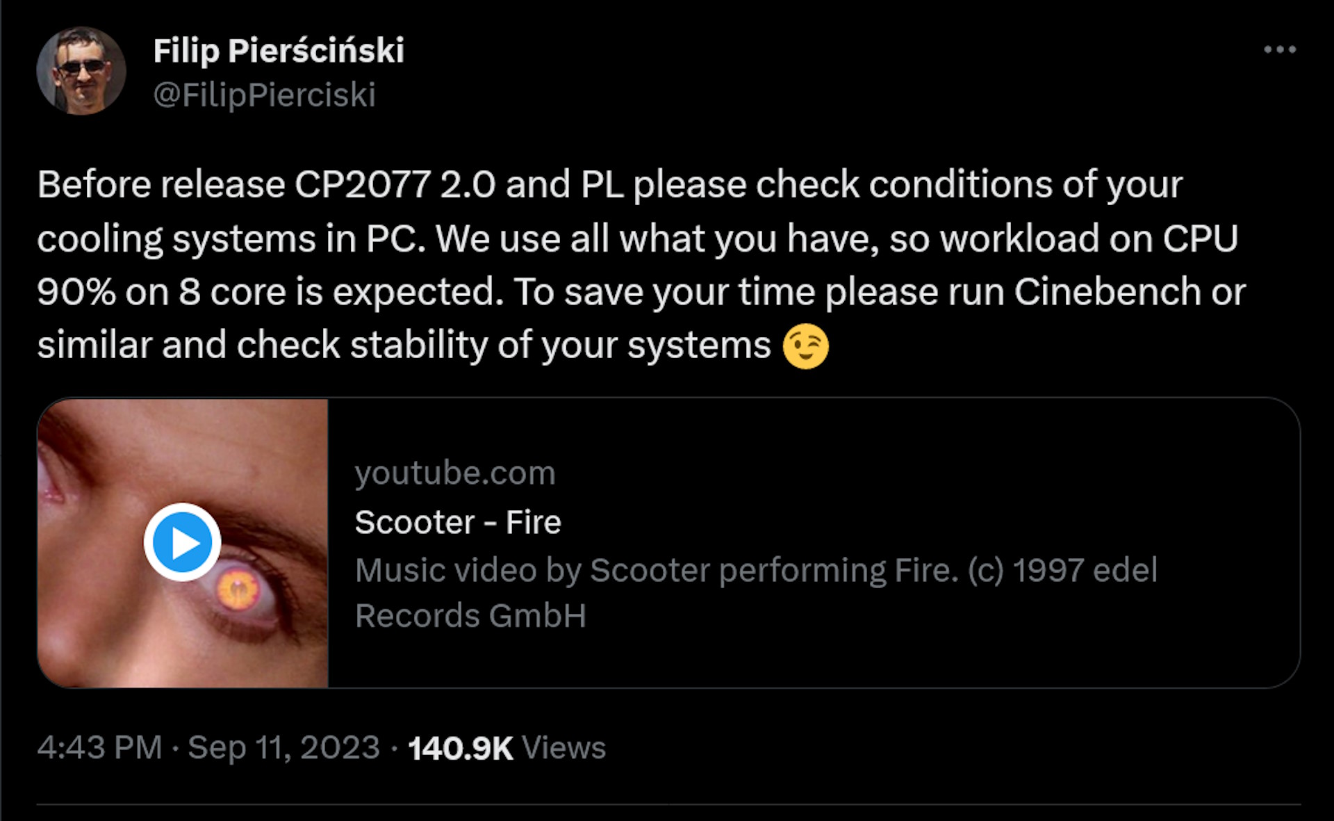 Before release CP2077 2.0 and PL please check conditions of your cooling systems in PC. We use all what you have, so workload on CPU 90% on 8 core is expected. To save your time please run Cinebench or similar and check stability of your systems 😉