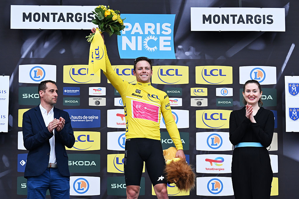 MONTARGIS, FRANCE - MARCH 09: Luke Lamperti of United States and Team EF Education - EasyPost celebrates at podium as Yellow leader jersey winner during the 84th Paris-Nice 2026, Stage 2 a 187km stage from Epone to Montargis / #UCIWT / on March 09, 2026 in Montargis, France. (Photo by Szymon Gruchalski/Getty Images)