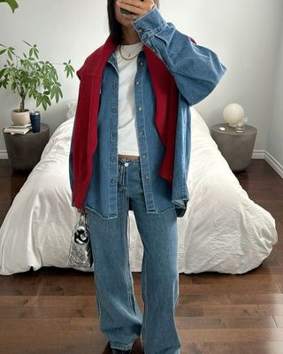 woman wearing denim on denim outfit