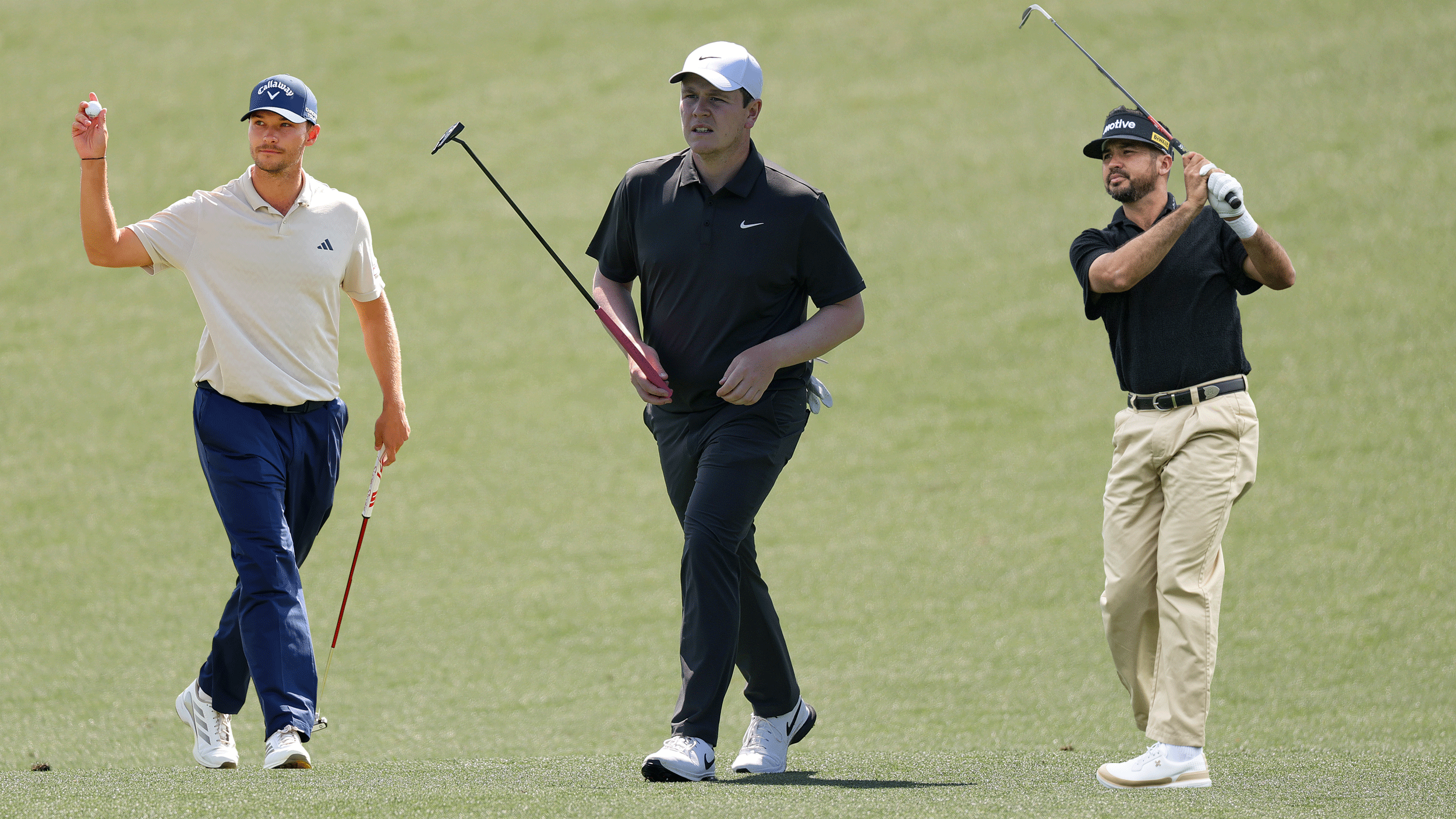 (L to R) Nicolai Hojgaard waves to the crowd, Robert MacIntyre walks up to a green at Augusta National and Jason Day hits an iron shot