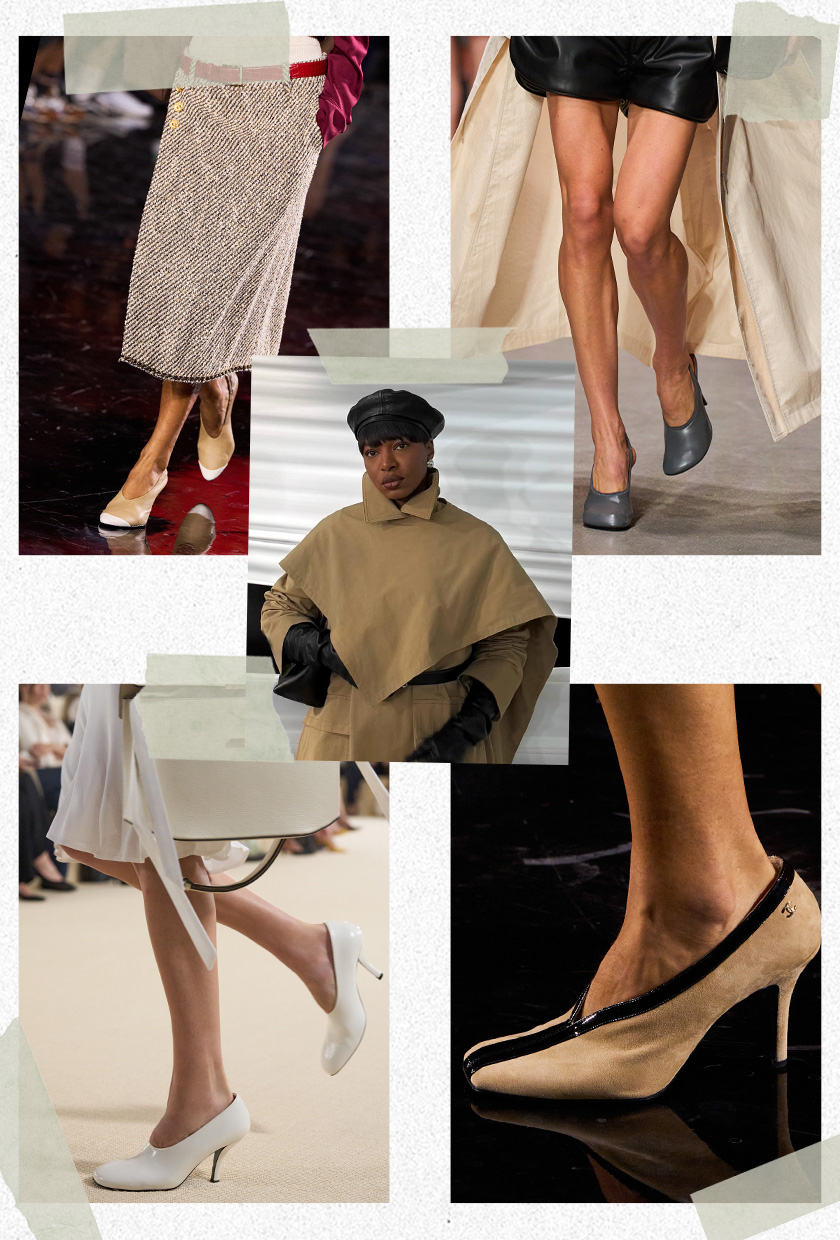 The best 2026 trends and outdated fashion trends, according to the French are shown in a collage of runway images. In the middle, there's a photo of Lo&amp;iuml;cka Gr&amp;acirc;ce wearing a black beret and trench coat cape. It's surrounded by close photos of from the runway showing the high-vamp heel trend worn by models in the spring 2026 collections of Chanel, Stella McCartney and Toteme