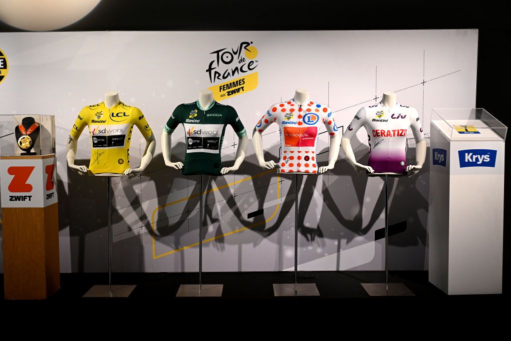 PARIS FRANCE OCTOBER 25 Detail view of the Yellow Leader Jersey Polka Dot Mountain Jersey Green Points Jersey and White Best Young Jersey during the 111th Tour de France 2024 3rd Tour de France Femmes 2024 Route Presentation UCIWT UCIWWT on October 25 2023 in Paris France Photo by Dario BelingheriGetty Images