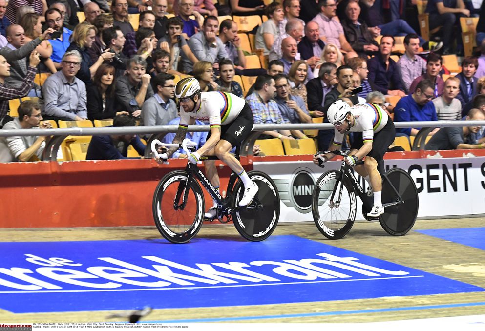 Bradley Wiggins leads teammate Mark Cavendish at the Gent Six Day