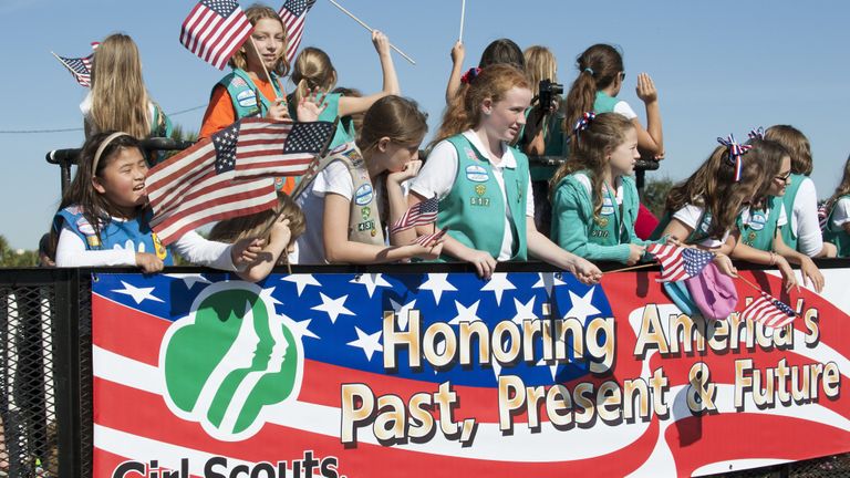 Community, Event, Flag, Fan, Banner, Cheering, Team, Flag Day (USA), Girl scouts of the usa, Advertising, 