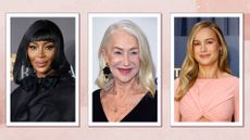 Naomi Campbell is pictured with a glossy bob at the 2024 EE BAFTA Film Awards, alongside a picture of Helen Mirren also seen with shiny hair at the 37th Annual American Cinematheque Awards and finally, Brie Larson is seen with shiny blonde hair at the 30th Annual Screen Actors Guild Awards/ in a pink watercolour template