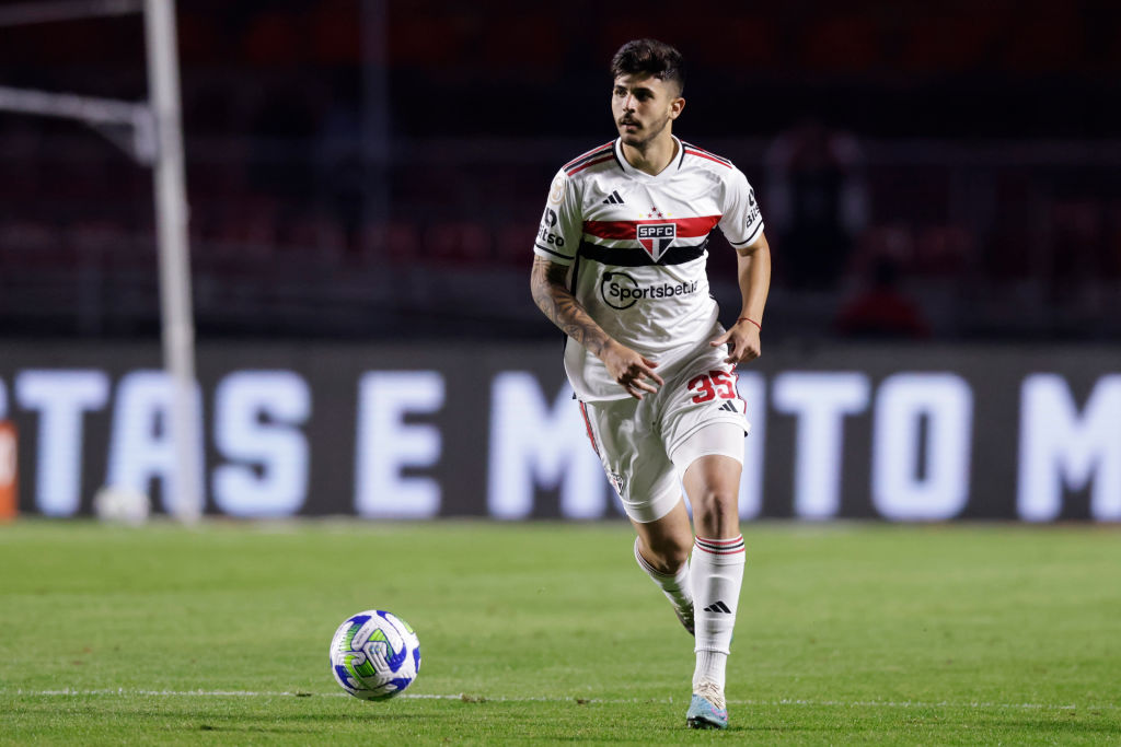 Sports Lucas Beraldo of Sao Paulo controls the ball all the way by a match between Sao Paulo and Athletico Paranaense as phase of Brasileirao Sequence A 2023 at Morumbi Stadium on June 21, 2023 in Sao Paulo, Brazil.
