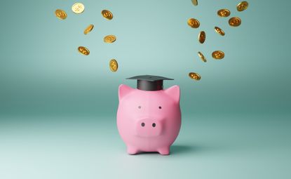 image of a pink piggy bank with a graduation cap on its head and coins flying above