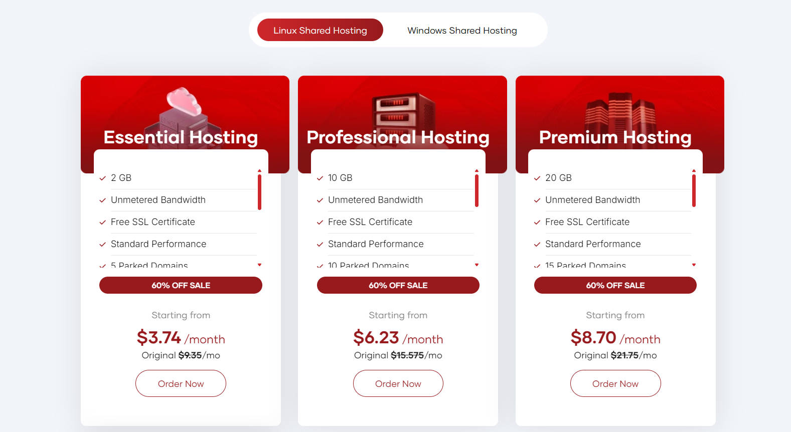 A screenshot of HostNoc's Linux shared hosting plans