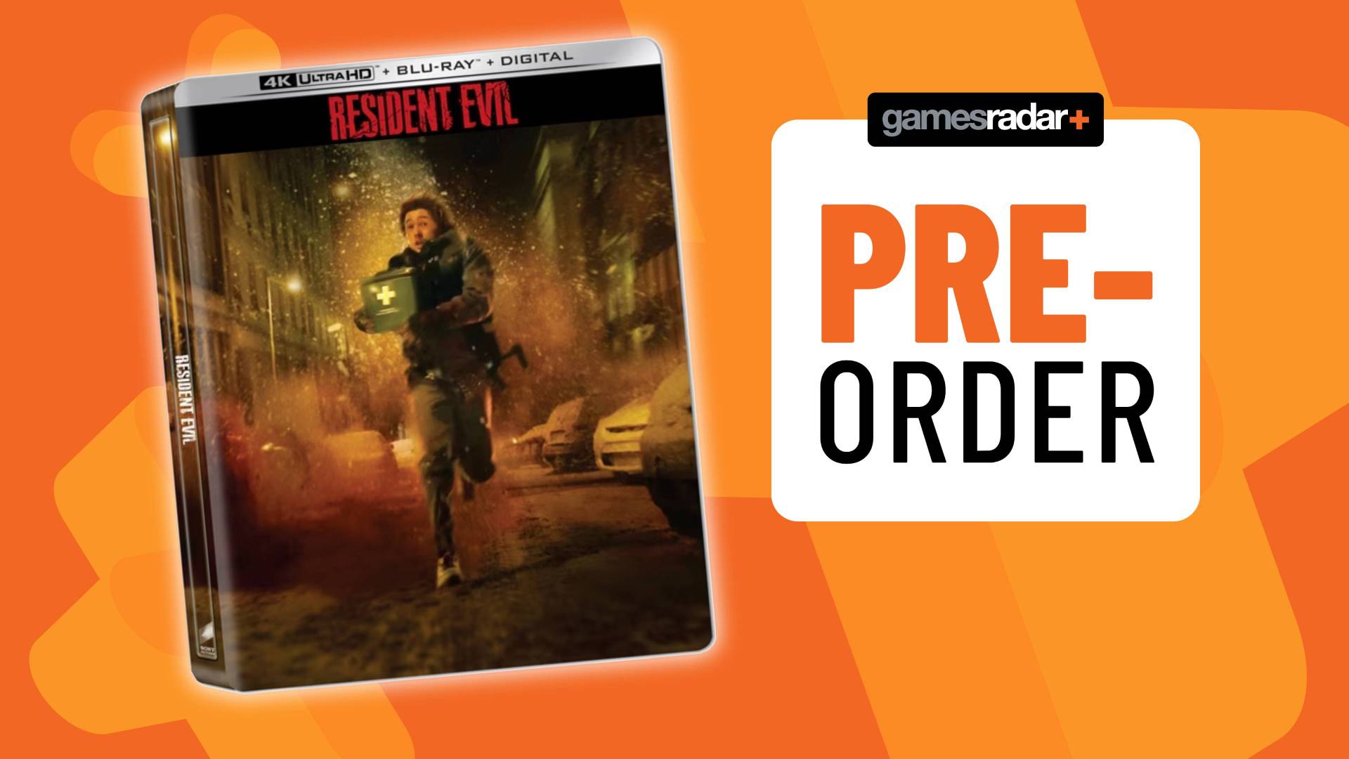 Image of the Resident Evil 4K Blu-ray box art on an orange GamesRadar+ background.