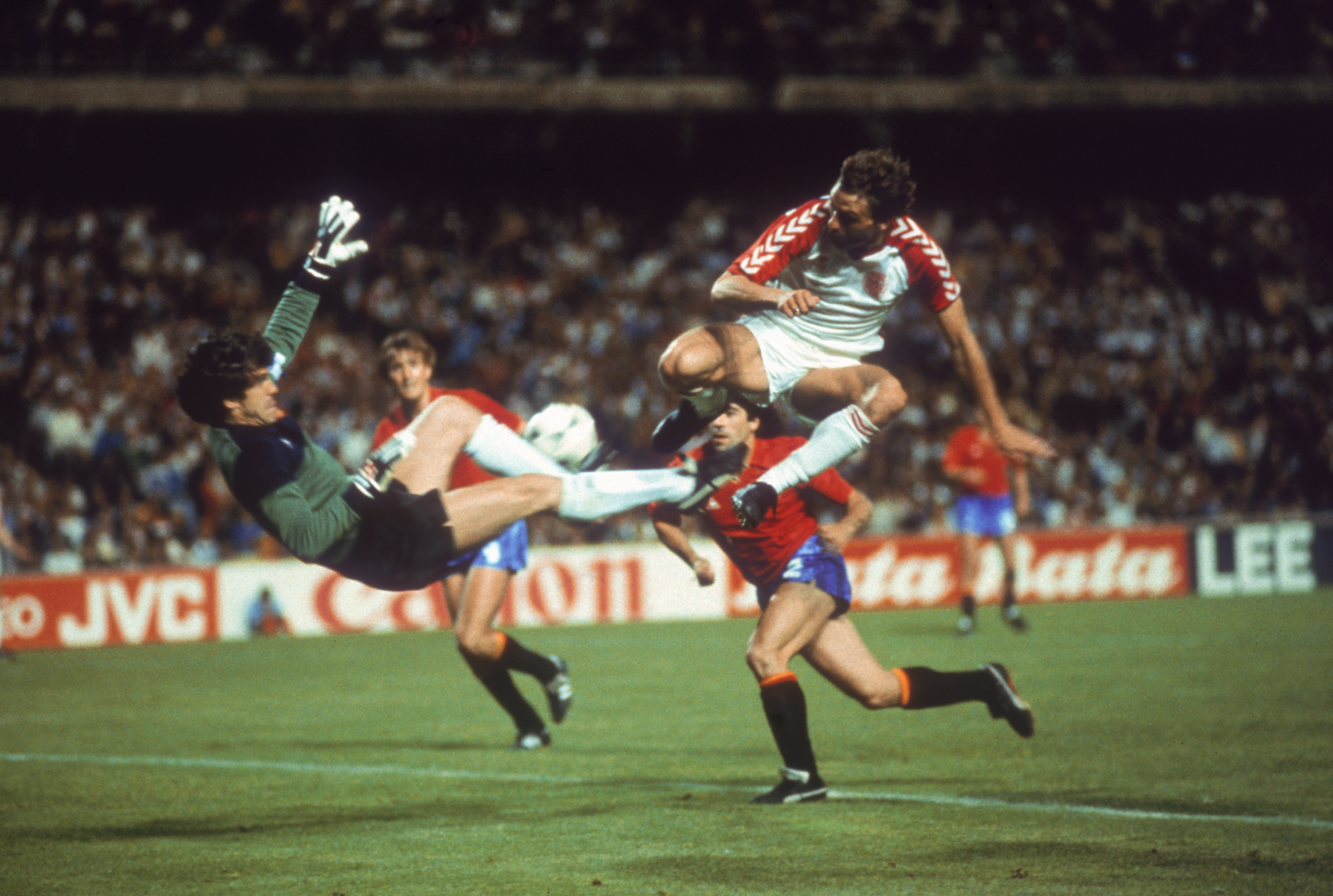 Luis Arconada makes a save for Spain against Denmark at Euro 1984.