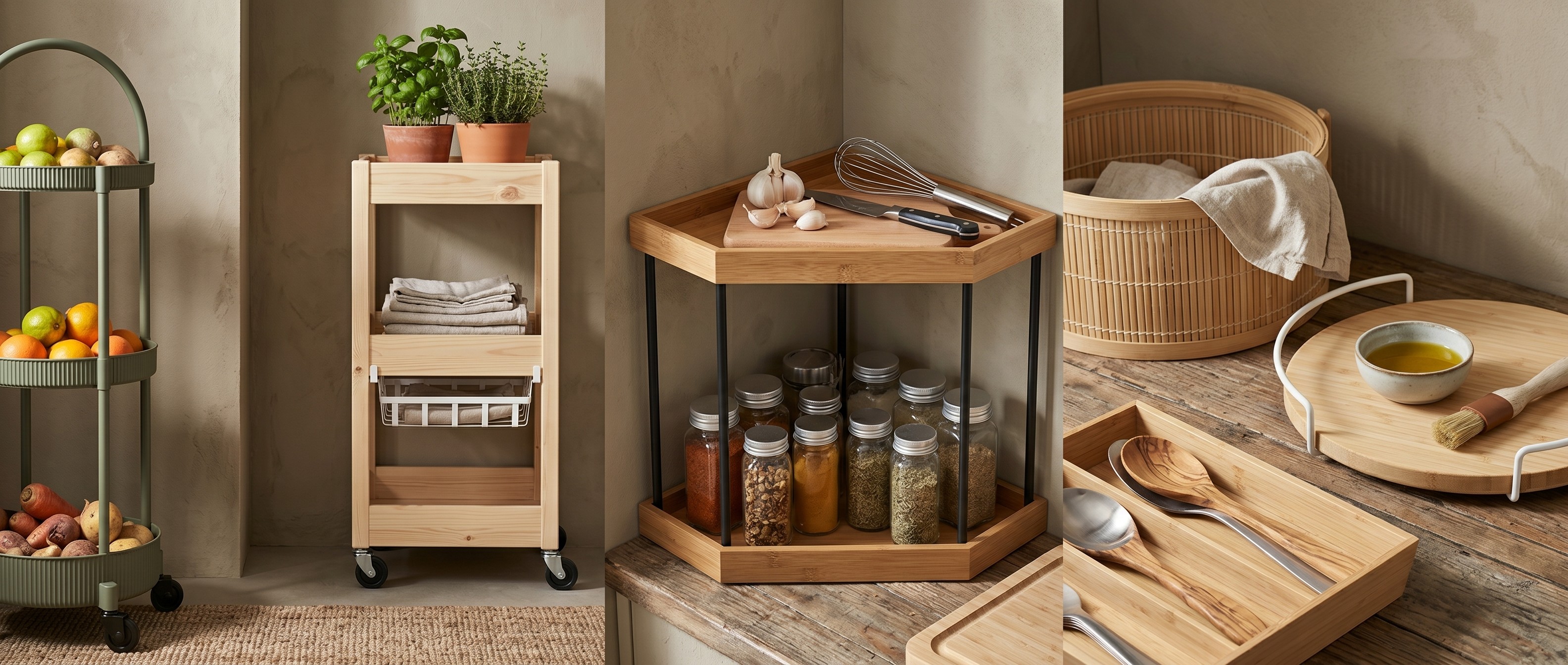 Collection of IKEA kitchen storage products in a warm wood-accented kitchen