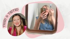 two images of beauty director Sarah Cooper White, one wearing red lipstick and a pink jacket, one at home with a hair dye brush in front of a mirror, doing DIY highlights