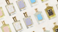 Collage of repeating Floris London perfumes on a neutral background (L-R) Lily, White Rose, Night Scented Jasmine, Sirena and Honey Oud