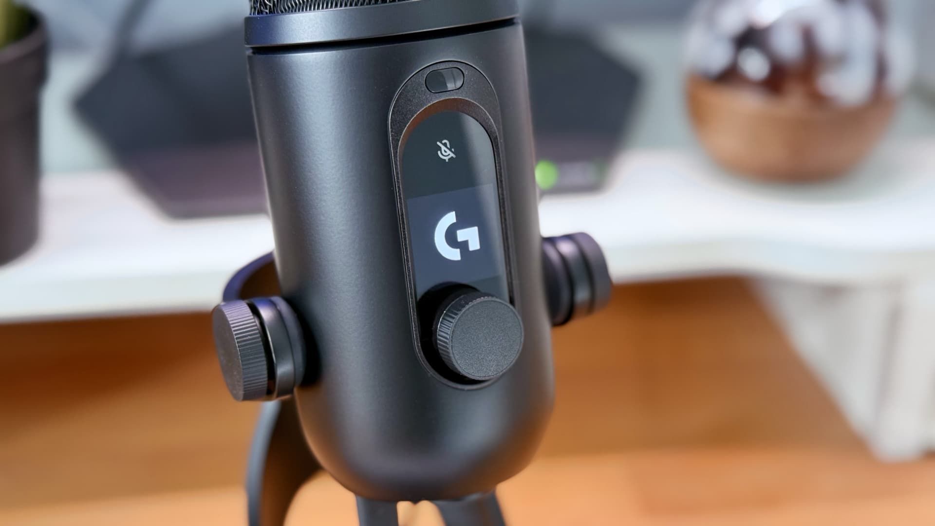 The Logitech Yeti 2 microphone on a desk.