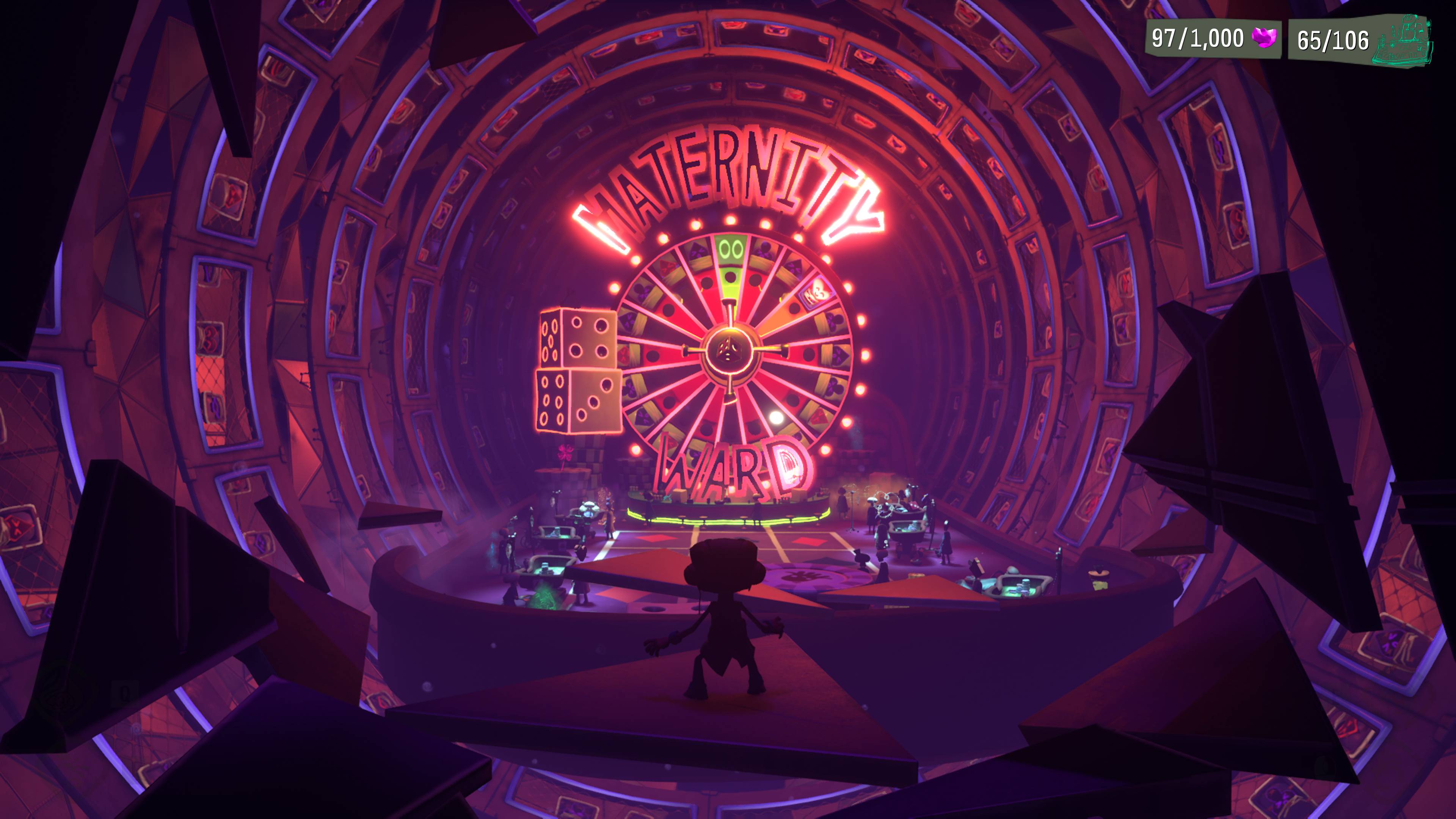 Raz enters a room with a giant roulette-wheel on the wall, and the word 
