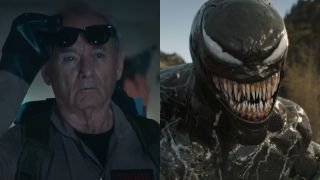 Peter Venkman (Bill Murray) looks ahead at a ghost in Ghostbusters: Frozen Empire, while Venom (Tom Hardy) flows down a river in Venom: The Last Dance