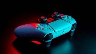 A DualSense PS5 controller on a black background with a red light shining on it