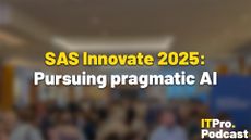 The text "SAS Innovate 2025: Pursuing pragmatic AI" on a blurry photo taken on the conference floor at SAS Innovate 2025. The words "SAS Innovate 2025" are in yellow while the rest are in white. The ITPro Podcast logo is shown in the bottom right corner.