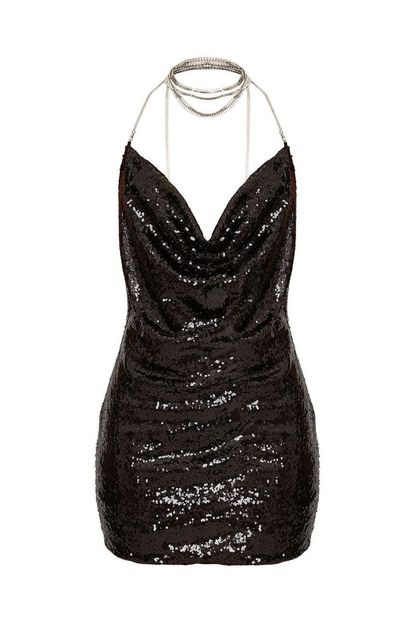 Pretty Little Thing Tarria Black Sequin Chain Choker Mini Dress