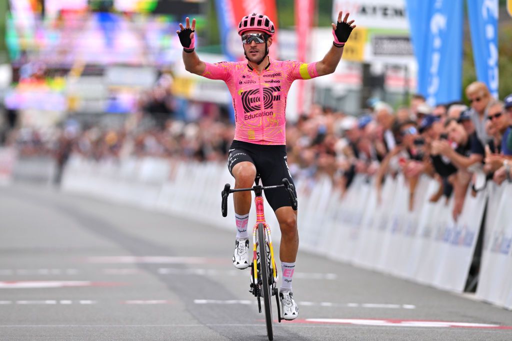 VILLAINESLAJUHEL FRANCE MAY 25 Alberto Bettiol of Italy and Team EF Education EasyPost celebrates at finish line as stage winner during the 49th Boucles de la Mayenne 2024 Stage 2 a 2088km stage from Le Ham to VillaineslaJuhel on May 25 2024 in VillaineslaJuhel France Photo by Luc ClaessenGetty Images