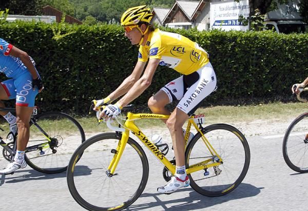 Saxo Bank rolled out a yellow bike and helmet for Andy Schleck's first day in the maillot jaune.