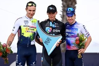 Cadel Evans Great Ocean Road Race 2023 podium (l-r): second place Hugo Page (Intermarché - Circus - Wanty), winner Marius Mayrhofer (dsm-firmenich) and third place Simon Clarke (Israel - Premier Tech)