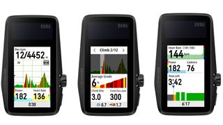 Three COROS DURA bike computer views showing real-time elevation profile, upcoming climbs, and workout stats.