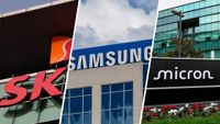 SK hynix, Samsung, and Micron signs in front of company buildings.