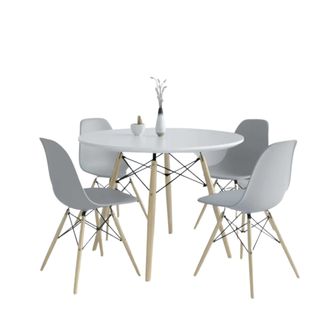 A gray dining set with a table and four chairs