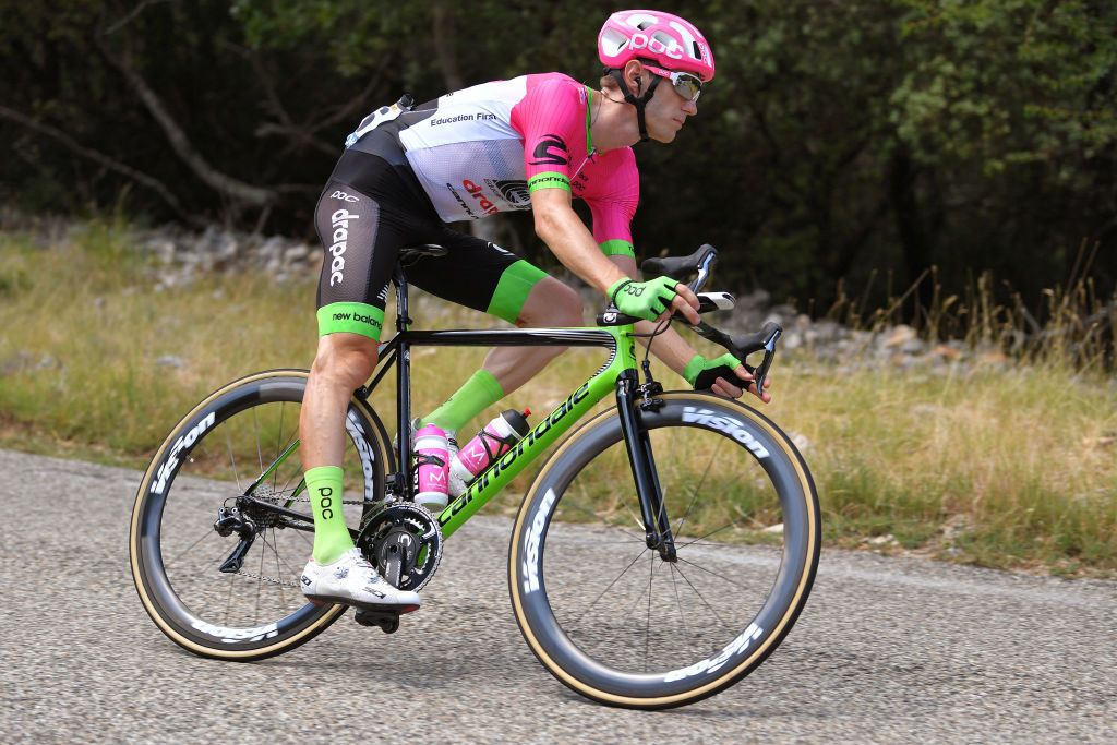EF Education First-Drapac&rsquo;s Pierre Rolland in action on his Cannondale SuperSix EVO Hi-MOD Disc bike during the 2018 Tour de France