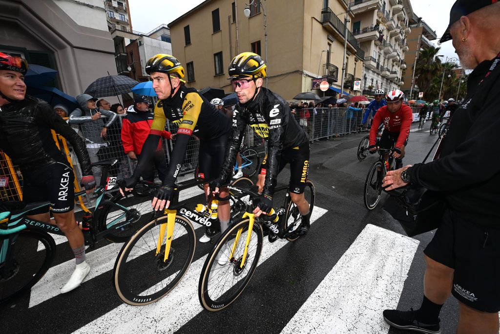 SALERNO ITALY MAY 10 LR Edoardo Affini of Italy and Primo Rogli of Slovenia and Team JumboVisma react after the 106th Giro dItalia 2023 Stage 5 a 171km stage from Atripalda to Salerno UCIWT on May 10 2023 in Salerno Italy Photo by Tim de WaeleGetty Images