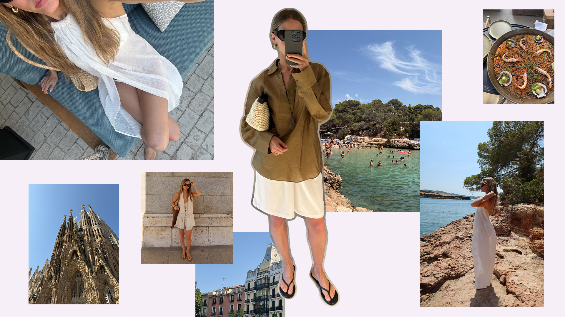 A collage of nikki's outfits from her spain vacation and images of barcelona, ibiza and madrid.