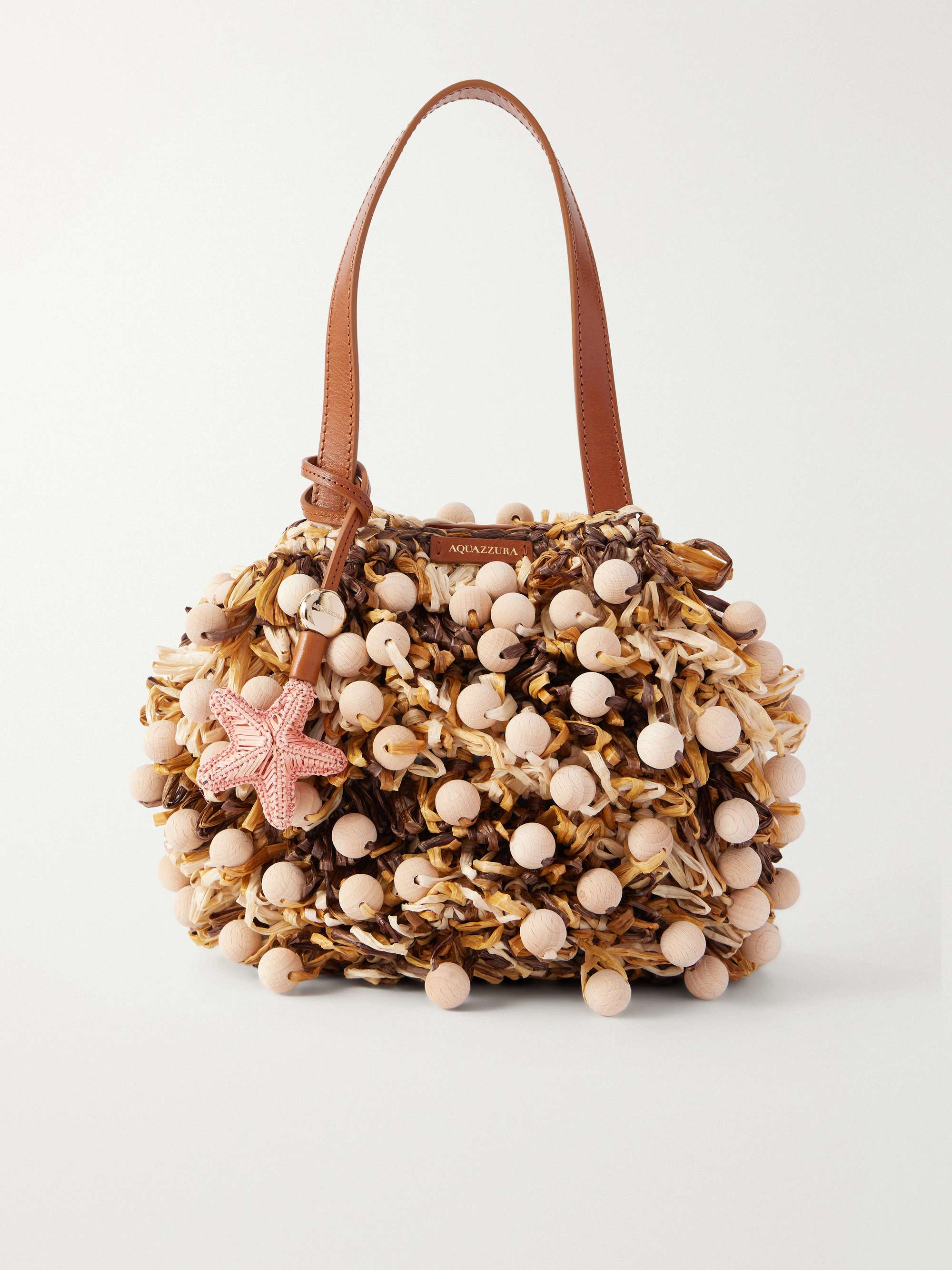 Pom Pom Leather-Trimmed Beaded Woven Raffia Mini Bag
