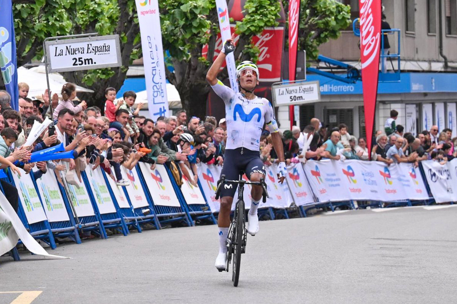 Nairo Quintana (Movistar) celebrates victory on stage 2 of the 2026 Vuelta Asturias Julio Alvarez Mendo