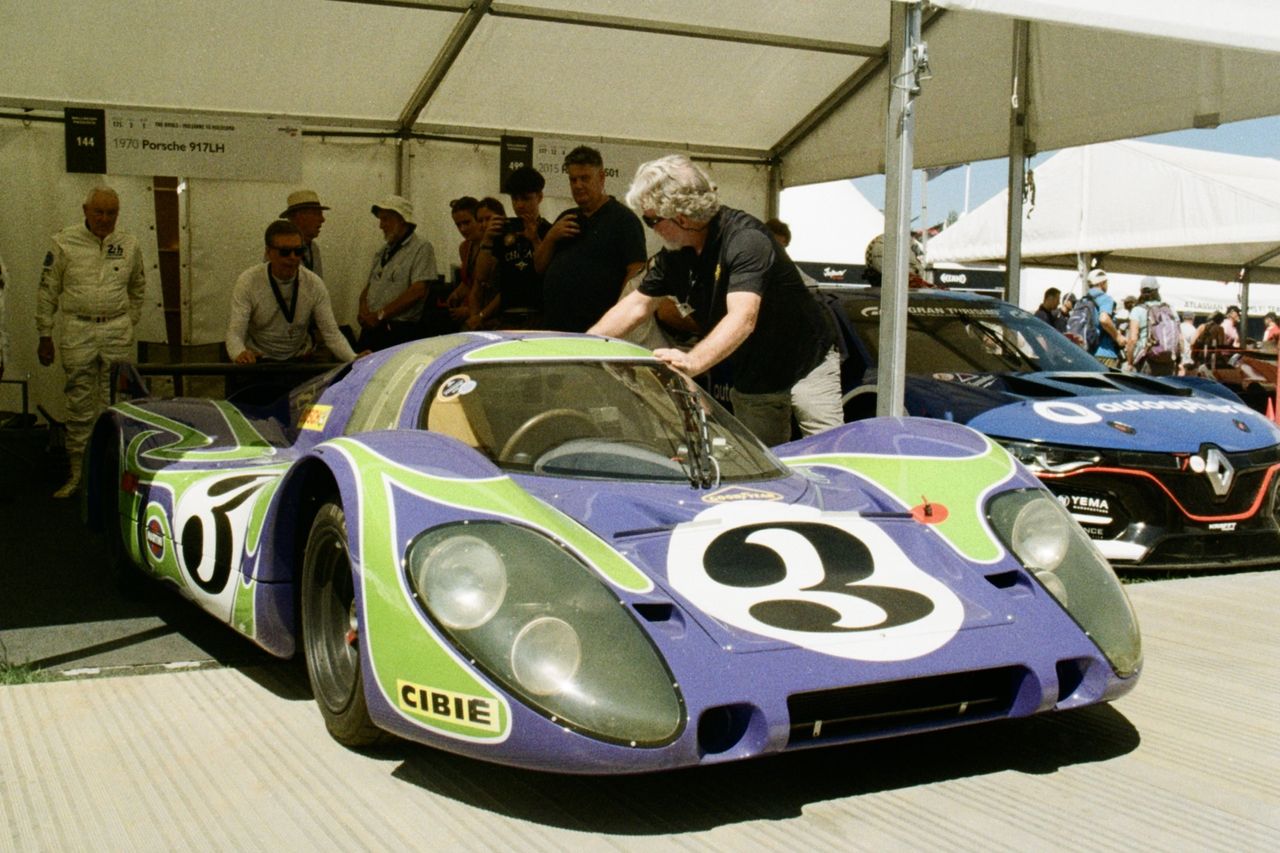 Details of the very cosmic green, purple and white Porsche 917