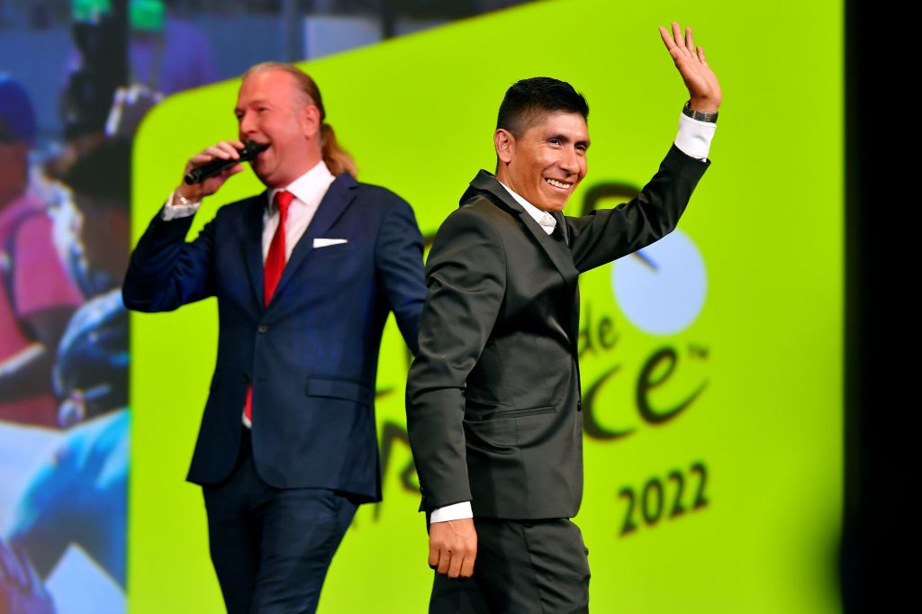 PARIS FRANCE OCTOBER 14 Nairo Alexander Quintana Rojas of Colombia and Team Arka Samsic waves to the crowd during the 109th Tour de France 2022 And 1st Tour de France Femmes 2022 Route Presentation TDF2022 LeTour on October 14 2021 in Paris France Photo by Luc ClaessenGetty Images