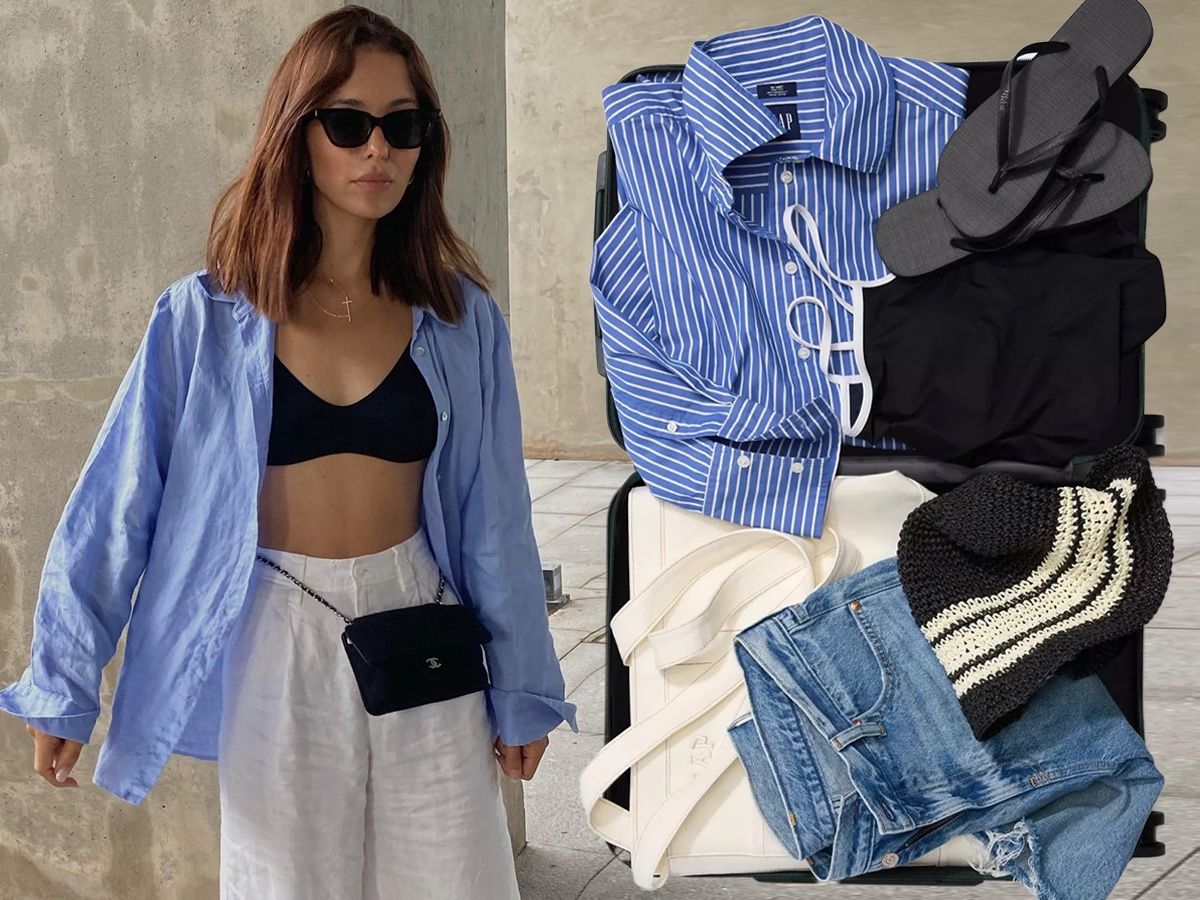 collage of style influencer Debora Rosa wearing a blue linen button-down shirt, black bikini top, white linen trousers, and a Chanel bag around her waist alongside a suitcase packed with Gap vacation pieces like flip-flops, striped button-down shirt, one-piece swimsuit, canvas tote bag, crochet bucket hat, and cutoff denim shorts