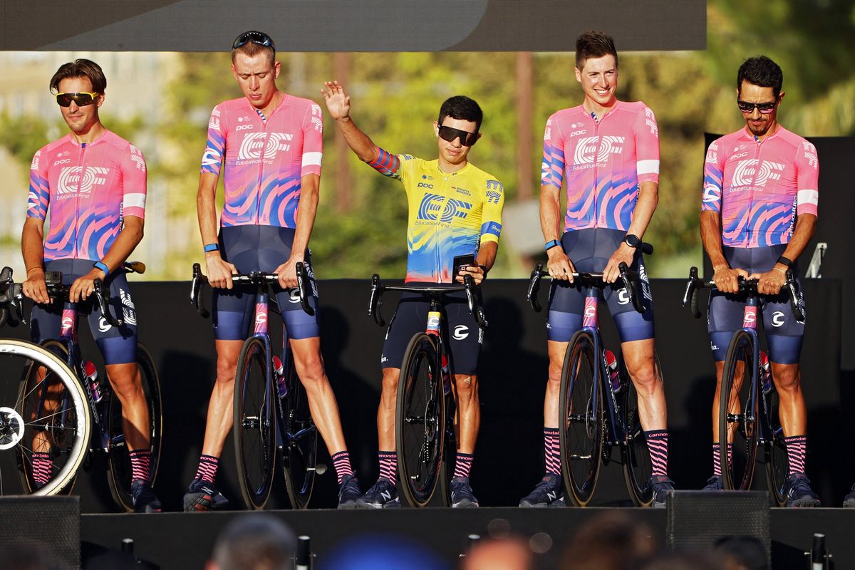 Tour de France 2020 107th Edition Teams Presentation 27082020 Alberto Bettiol ITA EF Pro Cycling Hugh Carthy GBR EF Pro Cycling Sergio Higuita COL EF Pro Cycling Jens Keukeleire BEL EF Pro Cycling Neilson Powless USA EF Pro Cycling photo Jan De MeuleneirPNBettiniPhoto2020