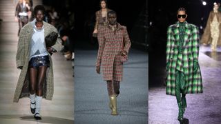 A composite of models on the runway showing coat trends 2022 check coats