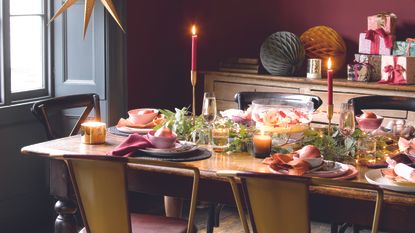 Brightly coloured Christmas tablescape using secondhand finds. 