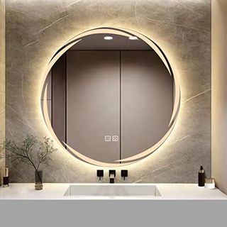 Yoshoot Patterned 500mm Round Bathroom Mirror Wall Mounted Mirror With Led Light, Sleekest Illuminated Vanity Mirror, Anti-Fog Large Circle Makeup Mirror, 3-Color Dimmable Led Light, Ip44 (whirlwind)