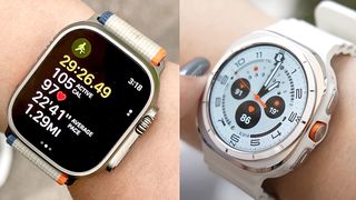 Close up of an Apple Watch Ultra 2 on a user's wrist next to a similar-looking Samsung Galaxy Watch Ultra