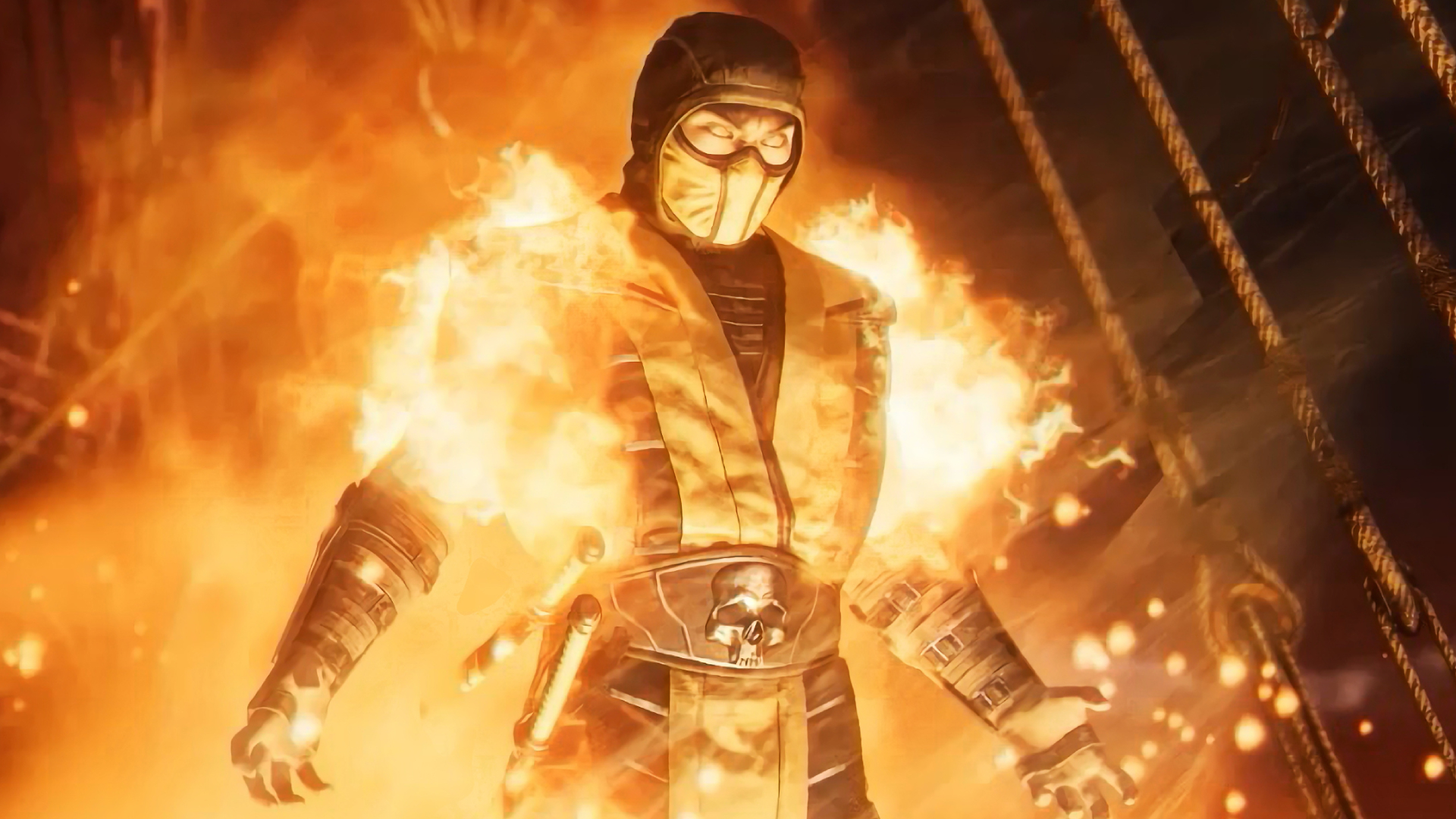 Scorpion in his classic uniform on fire