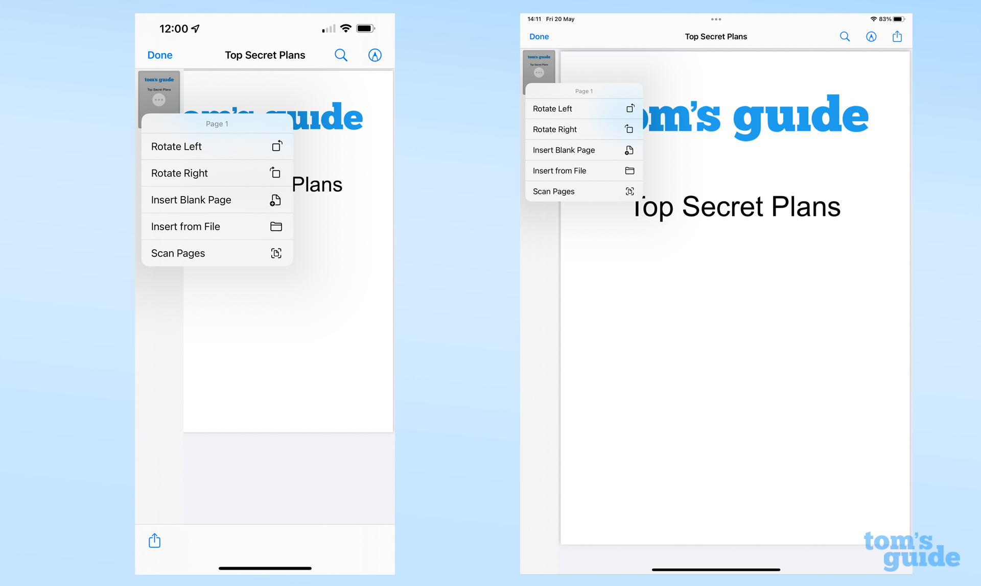 Screenshot of iPhone and iPad side by side showing PDF preview edit menu