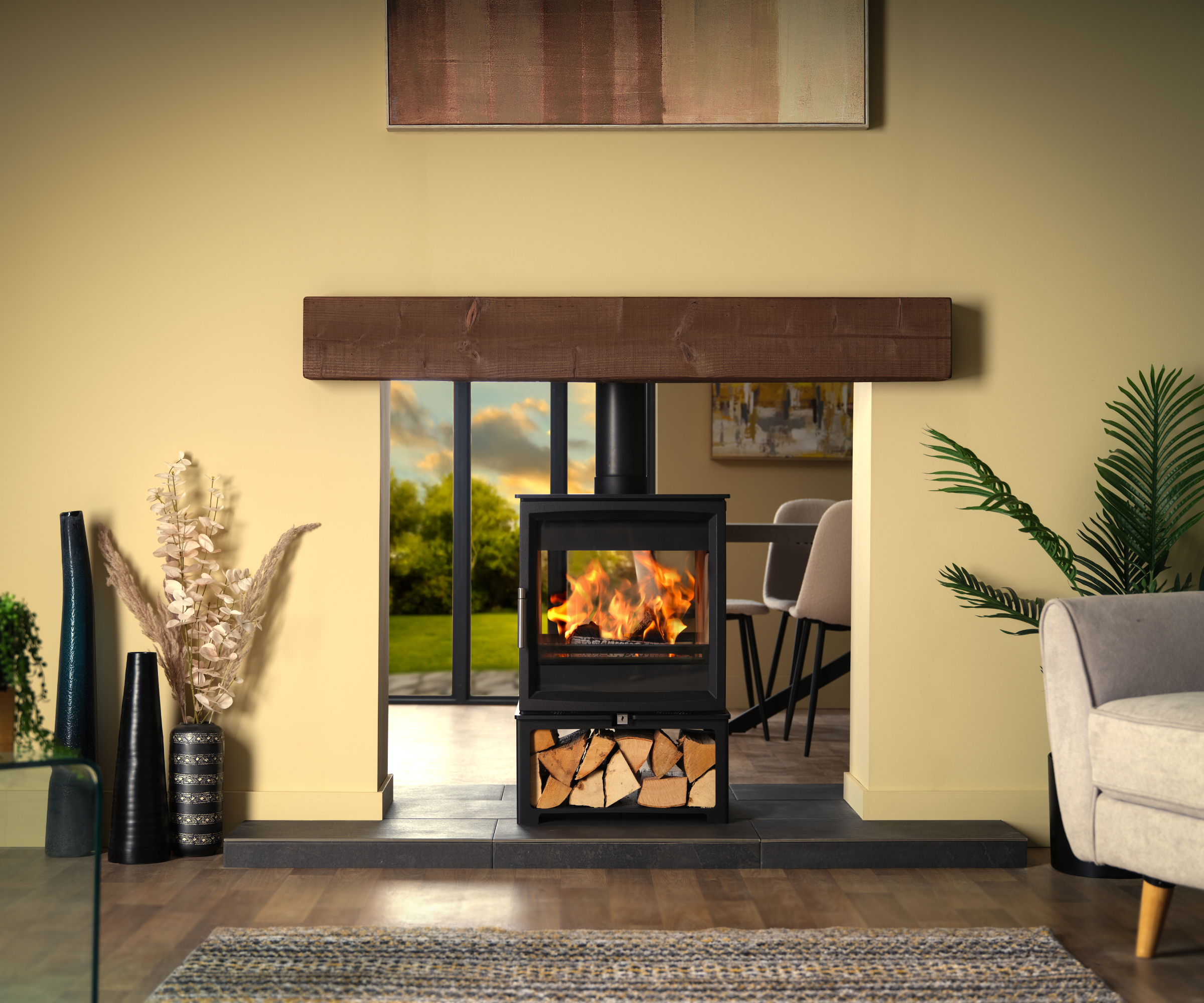 double sided log burner in living room with dining room other side