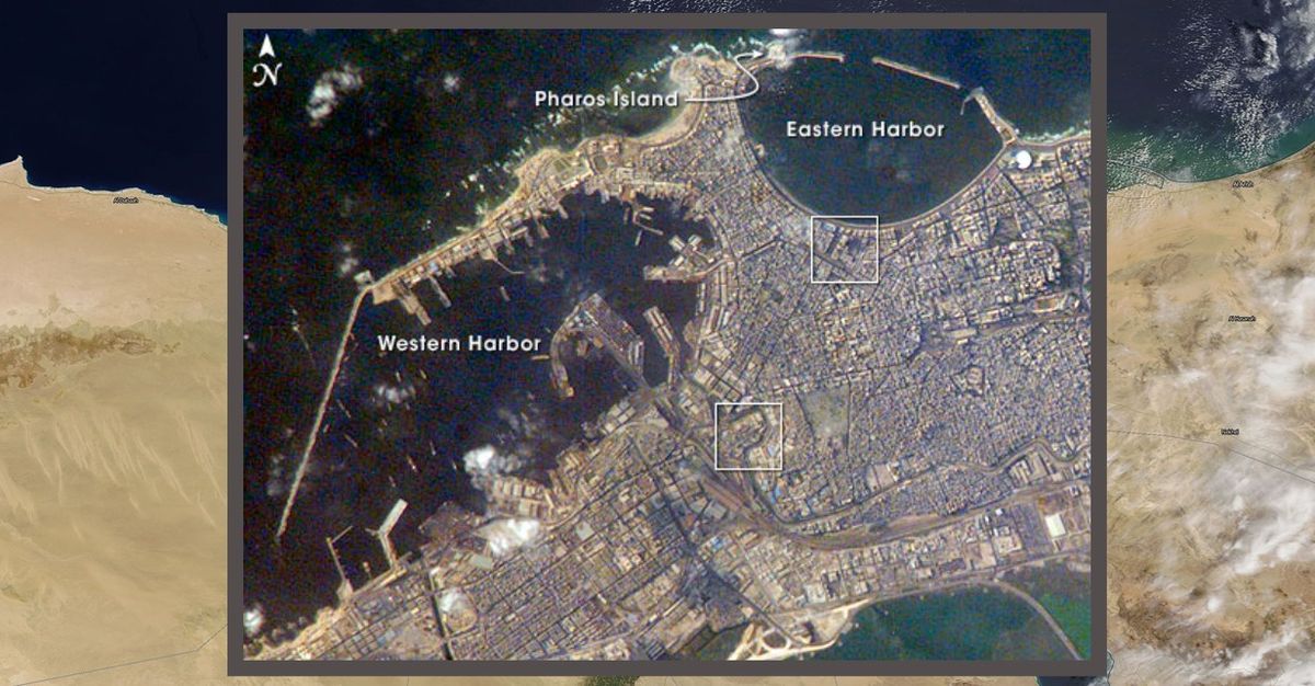 an inset image of a coastal city with labels showing the western harbor, pharos island and eastern harbor of alexandria. in background is a satellite image of the nile desert showing sand and water